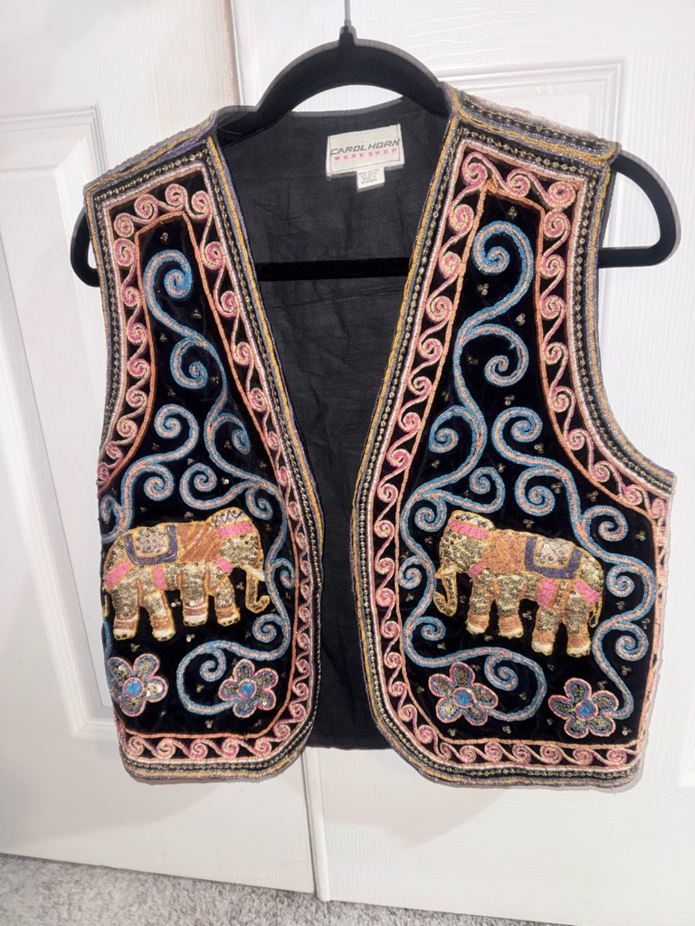Carol Horn Embroidered VintageElephant Velvet Vest in Black w/Multicolor Accents
